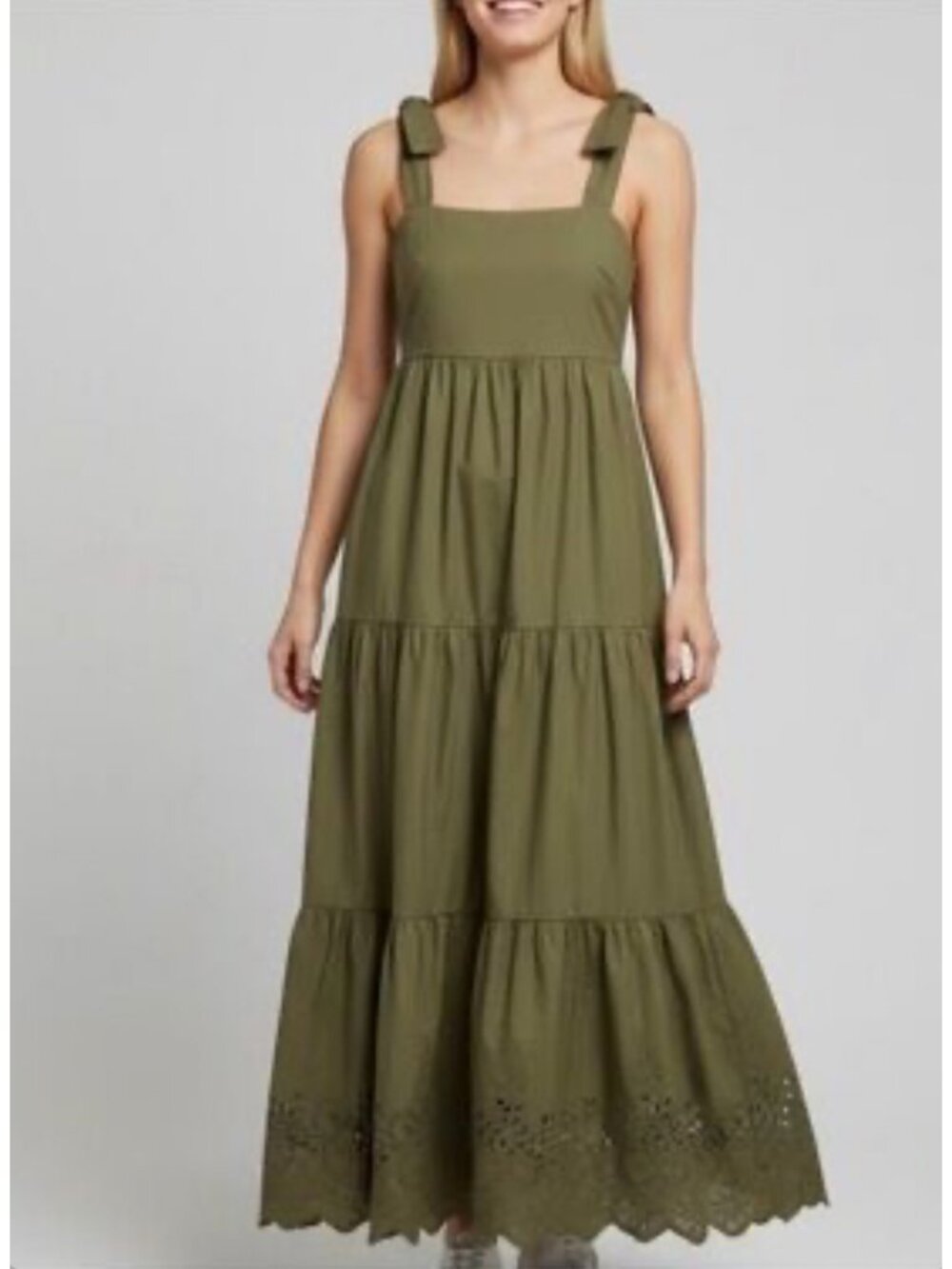 Jason Wu Stretch Cotton Embroidered Tiered Maxi Dress Olive Green Womens Size XL